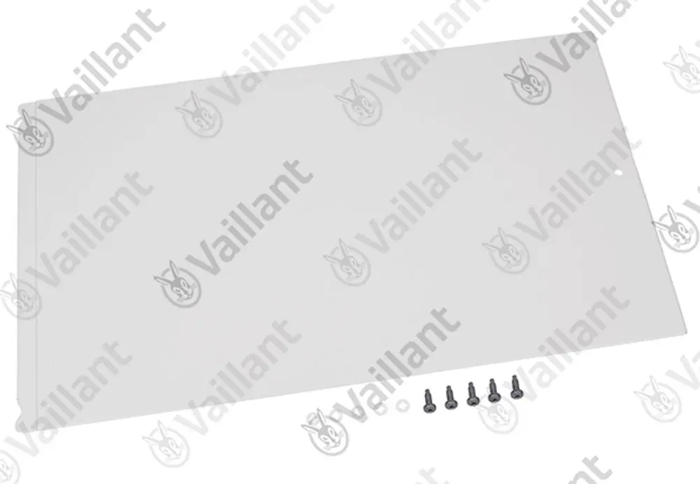 Vaillant Abdeckung aus Metall in Weiß mit Befestigungsschrauben. Rechteckige Form, geeignet für spezifische Vaillant Heizsysteme.